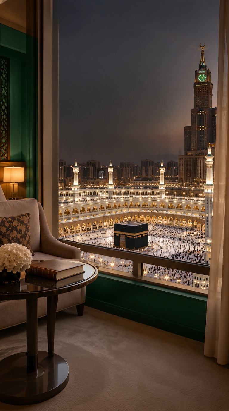 جناح فندقي فاخر بإطلالة على الحرم المكي وبرج الساعة ليلاً